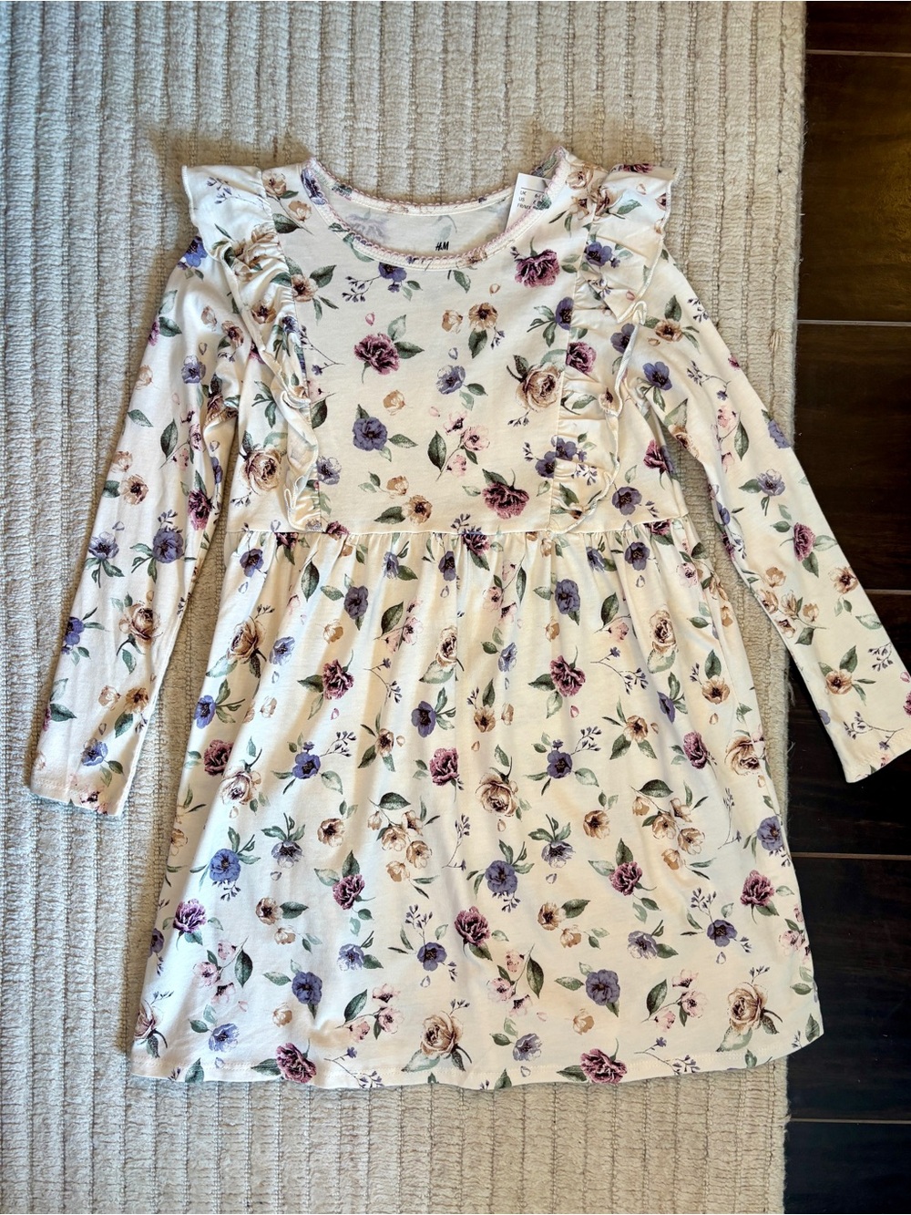 H&M Cream Floral Ruffle Long-Sleeve Girls Dress, NWT